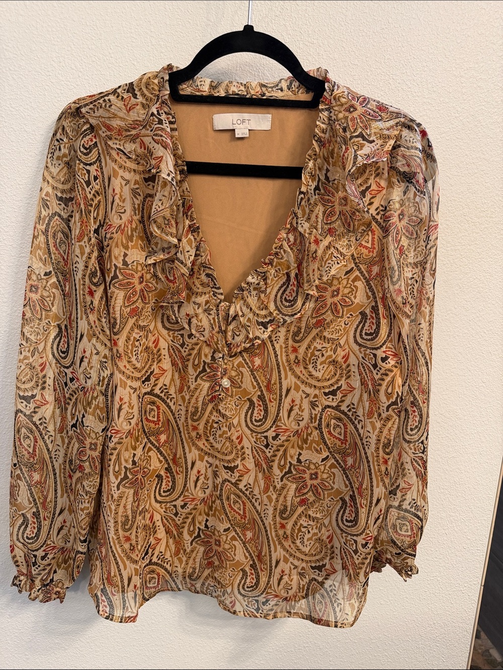 LOFT Beige Paisley Ruffle V-Neck Blouse